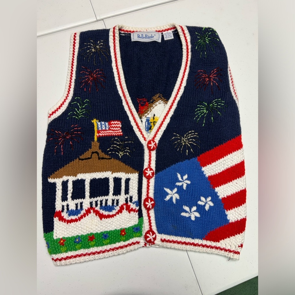 Vintage grandma sweater- Patriotic Knit Vest with Fireworks and Flag Design